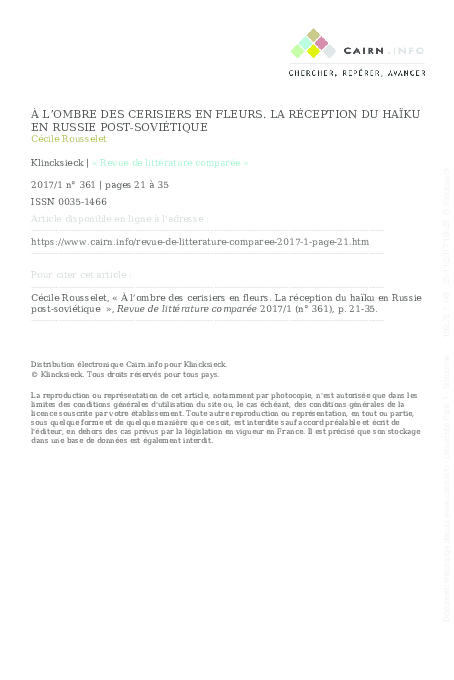 Pdf à Lombre Des Cerisiers En Fleurs La Réception Du