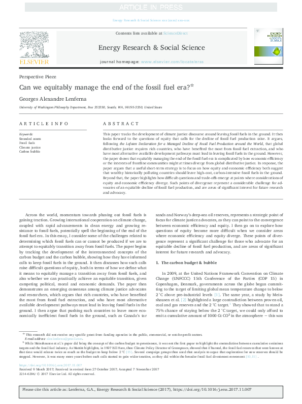 (PDF) Can we equitably manage the end of the fossil fuel era?