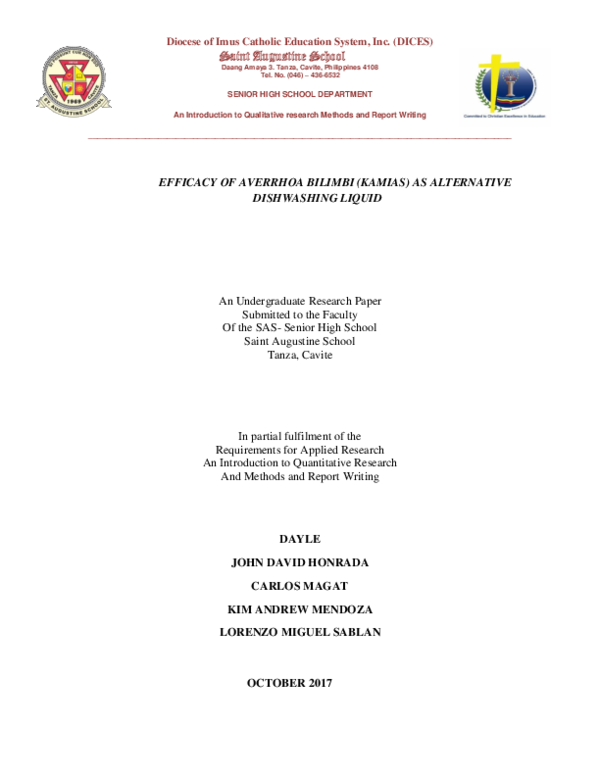 (DOC) EFFICACY OF AVERRHOA BILIMBI (KAMIAS) AS ALTERNATIVE DISHWASHING