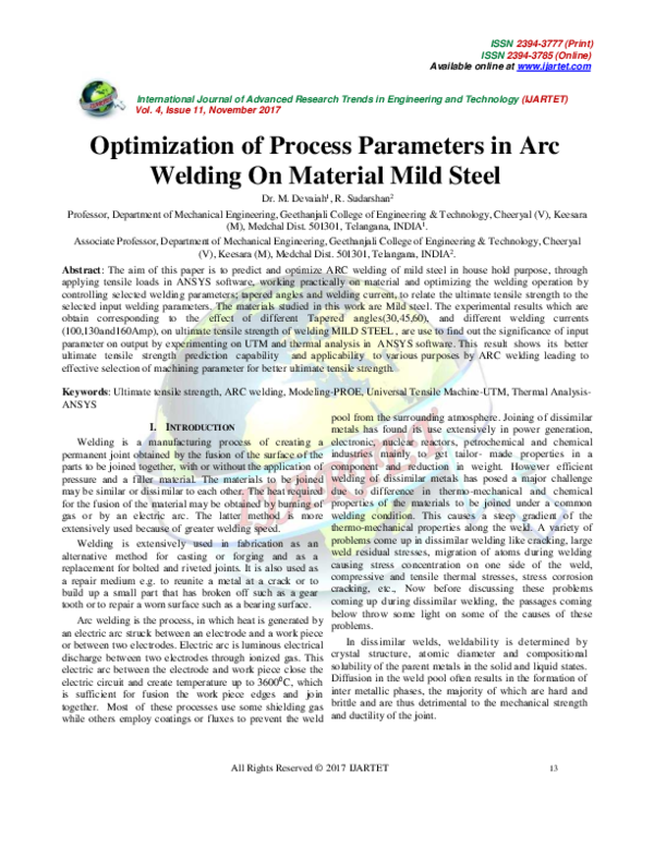 (PDF) Optimization of Process Parameters in Arc Welding On Material ...