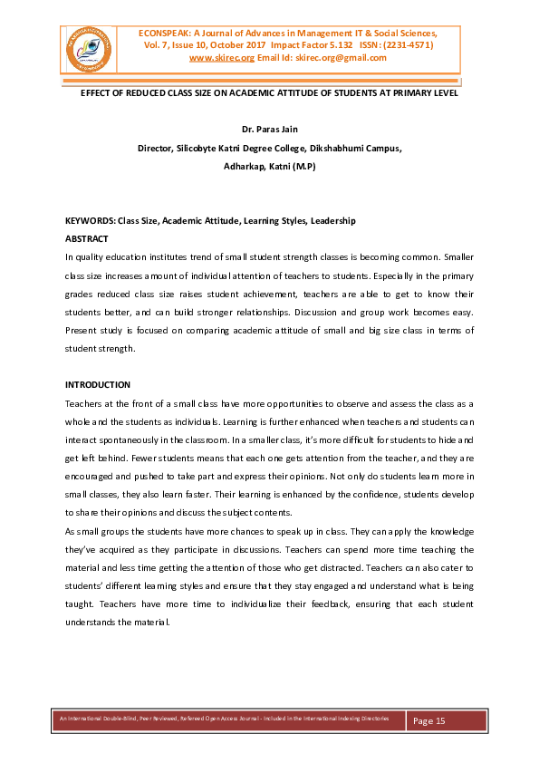 (PDF) EFFECT OF REDUCED CLASS SIZE ON ACADEMIC ATTITUDE OF STUDENTS AT ...
