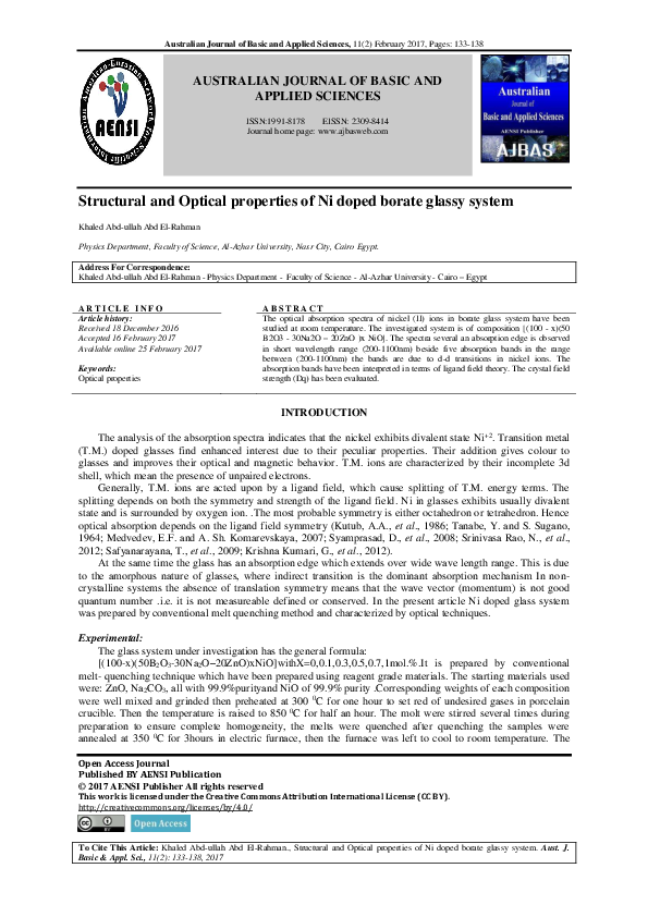 (PDF) AUSTRALIAN JOURNAL OF BASIC AND APPLIED SCIENCES Structural and ...