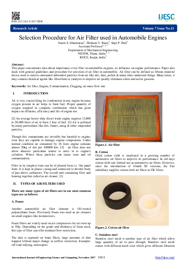 (PDF) Selection Procedure for Air Filter used in Automobile Engines