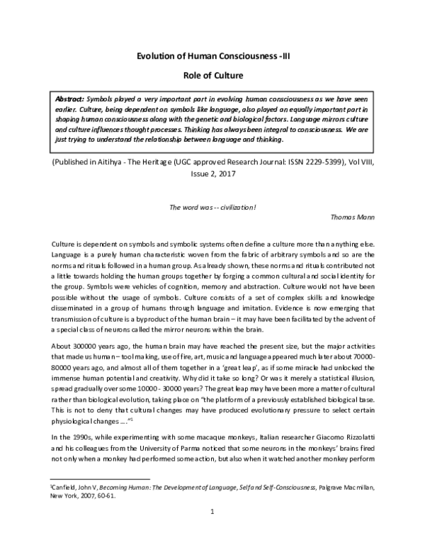 (PDF) Evolution of Human Consciousness -III: Role of Culture