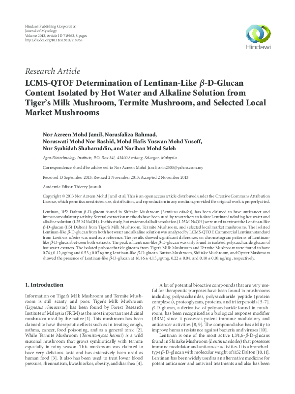 (PDF) LCMS-QTOF Determination of Lentinan-Like β-D-Glucan Content ...