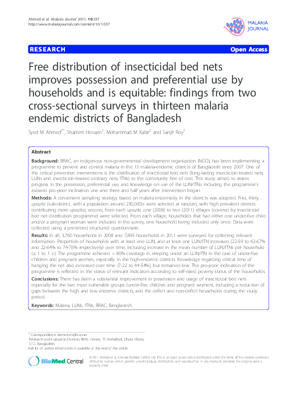(PDF) Free distribution of insecticidal bed nets improves possession and preferential use by