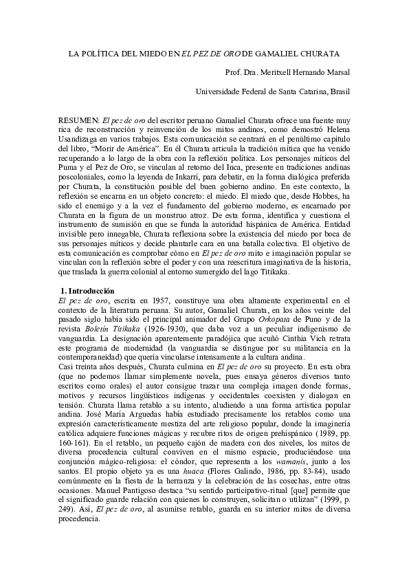 (PDF) La política del miedo en El pez de oro de Gamadiel Churata Meritxell Hernando Marsal