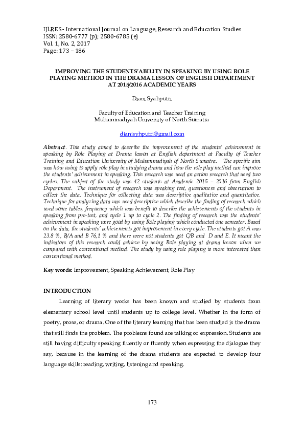 the use of role playing technique in improving students' vocabulary