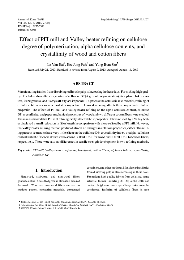 (PDF) Effect of PFI mill and Valley beater refining on cellulose degree