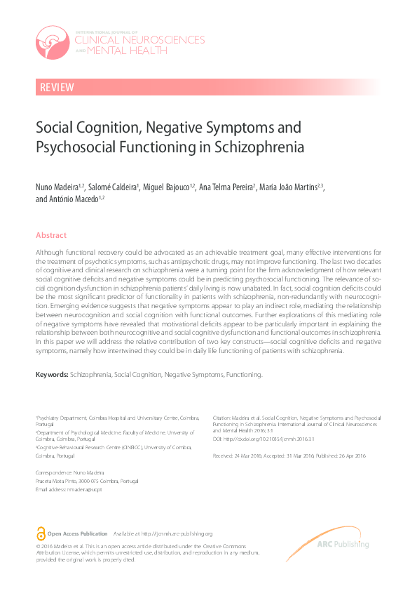 (PDF) Social Cognition, Negative Symptoms and Psychosocial Functioning ...