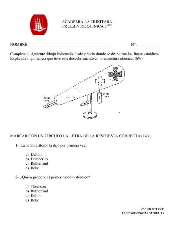 Pdf Pruebin De Quimica Modelos Atomicos 1 Juan Tersek