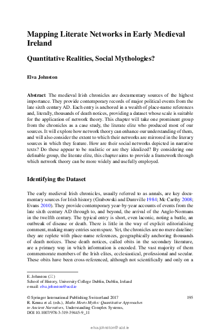 Mapping Literate Networks in Early Medieval Ireland: Quantitative Realities, Social Mythologies?