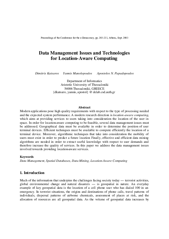 (PDF) Data Management Issues and Technologies for Location-Aware Computing
