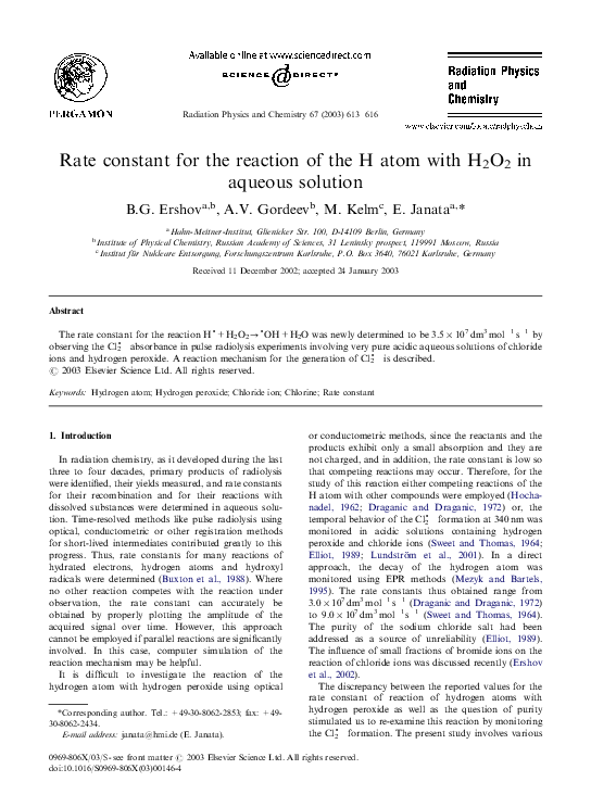 (PDF) Rate constant for the reaction of the H atom with H2O2 in aqueous ...