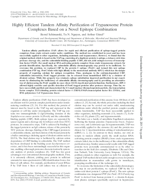 (PDF) Highly Efficient Tandem Affinity Purification of Trypanosome ...