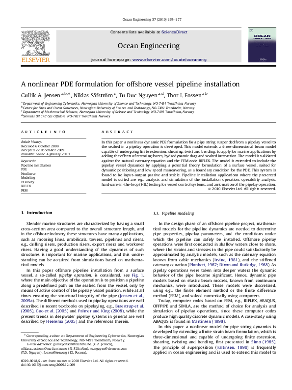 (PDF) A nonlinear PDE formulation for offshore vessel pipeline installation