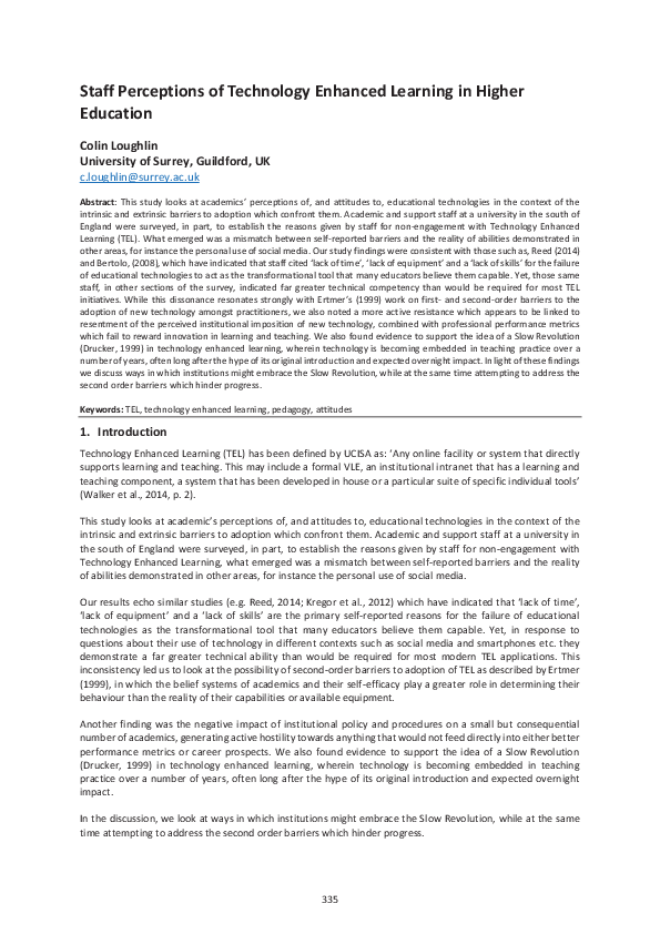 (PDF) Staff Perceptions of Technology Enhanced Learning in Higher Education