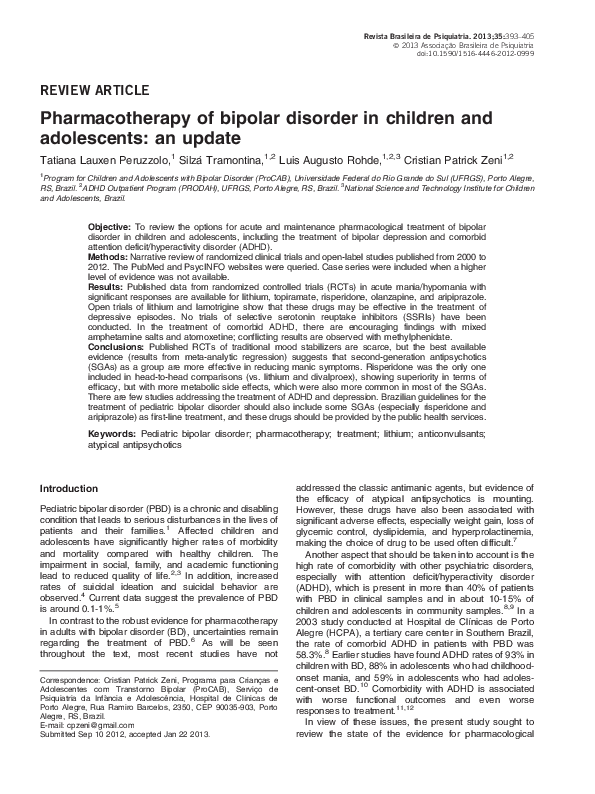 (PDF) Pharmacotherapy of bipolar disorder in children and adolescents ...