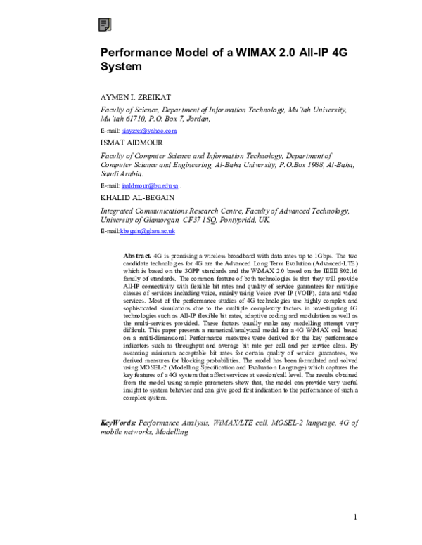 (PDF) Performance Model of a WIMAX 2.0 All-IP 4G System
