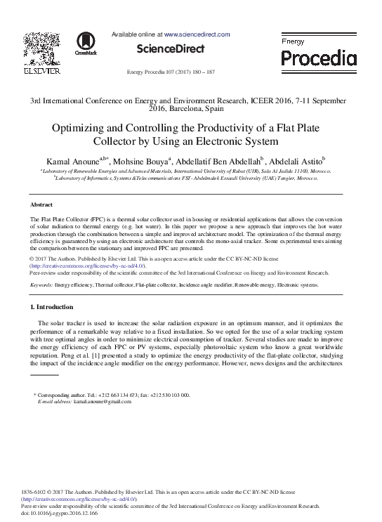(PDF) Optimizing and Controlling the Productivity of a Flat Plate Collector by Using an