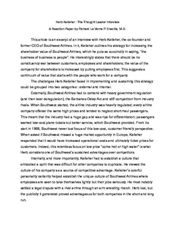 (PDF) Herb Kelleher The Thought Leader Interview A Reaction Paper