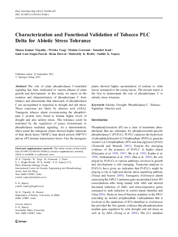 (PDF) Characterization and Functional Validation of Tobacco PLC Delta ...