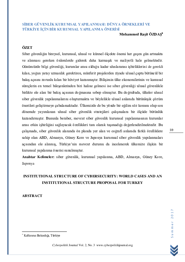 Institutional Structure of Cybersecurity: World Cases and an Institutional Structure Proposal for Turkey (Turkish)
