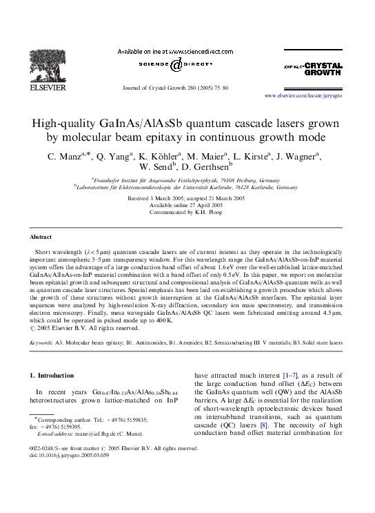 (PDF) High-quality GaInAs/AlAsSb quantum cascade lasers grown by ...