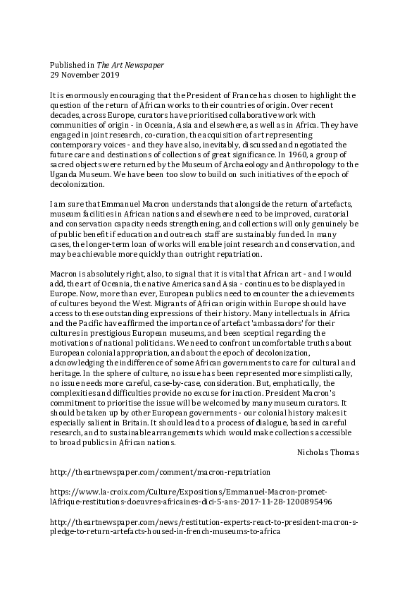 Pdf Emmanuel Macron On Repatriation Nicholas Thomas Academia Edu