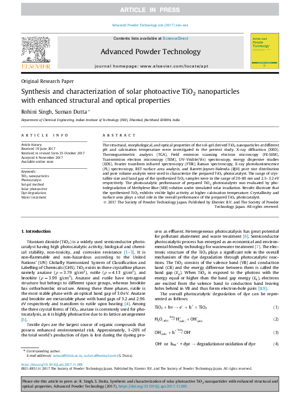 (PDF) Synthesis and characterization of solar photoactive TiO 2 ...