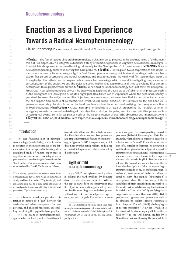 (PDF) Enaction as a Lived Experience Towards a Radical Neurophenomenology