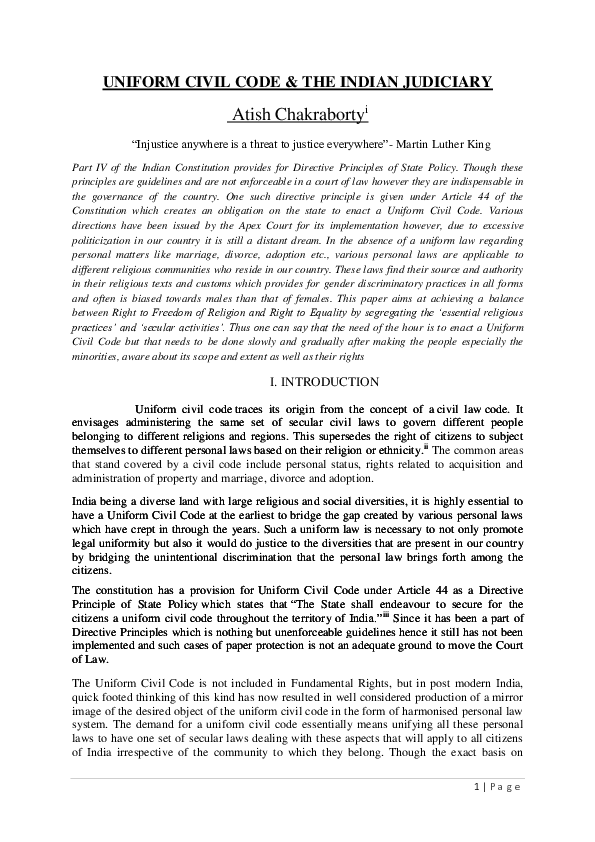 (DOC) UNIFORM CIVIL CODE & THE INDIAN JUDICIARY