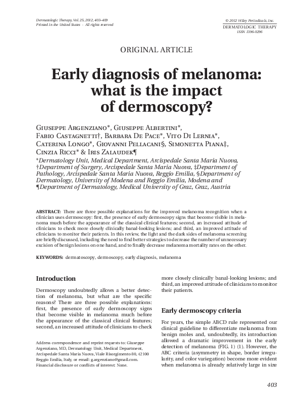 (PDF) Early diagnosis of melanoma: what is the impact of dermoscopy?
