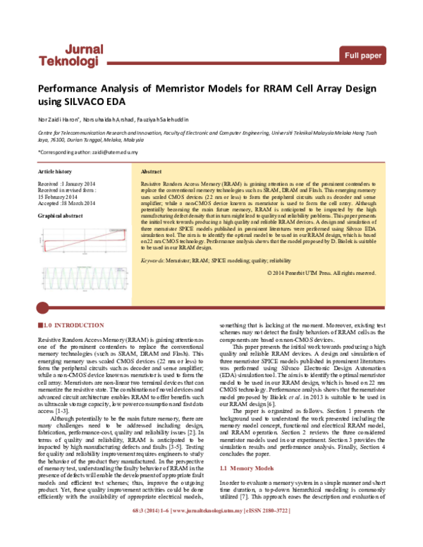 (PDF) Performance Analysis of Memristor Models for RRAM Cell Array ...