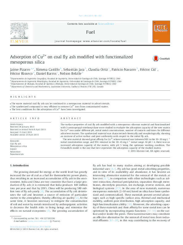 (PDF) Adsorption of Cu 2+ on coal fly ash modified with functionalized ...