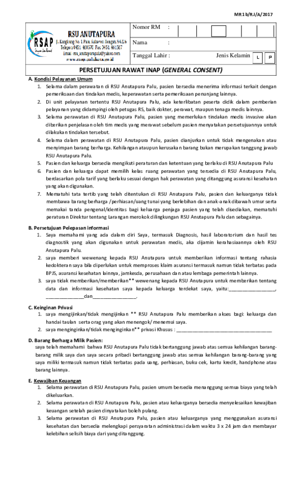 (DOC) PERSETUJUAN RAWAT INAP (GENERAL CONSENT agus salim