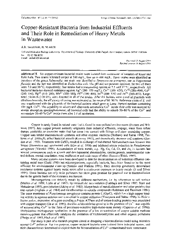 (PDF) CopperResistant Bacteria from Industrial Effluents and Their