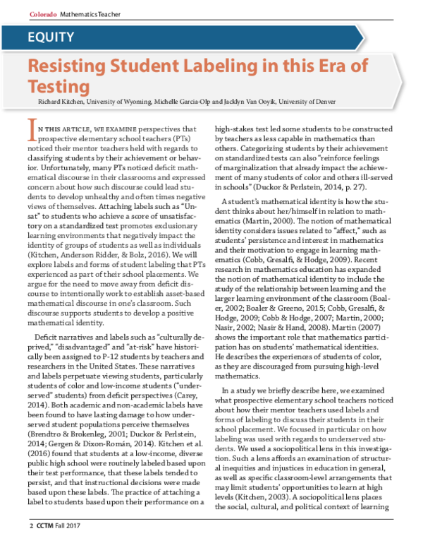 (PDF) Resisting Student Labeling in this Era of Testing