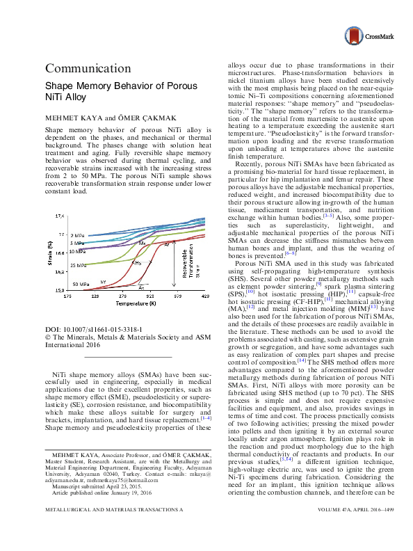 (PDF) Shape Memory Behavior of Porous NiTi Alloy