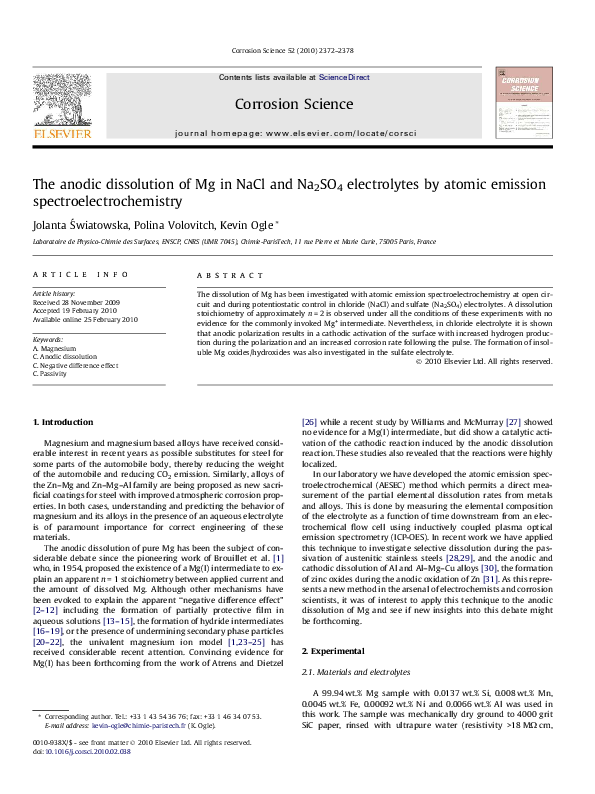 (PDF) The anodic dissolution of Mg in NaCl and Na 2SO 4 electrolytes by ...