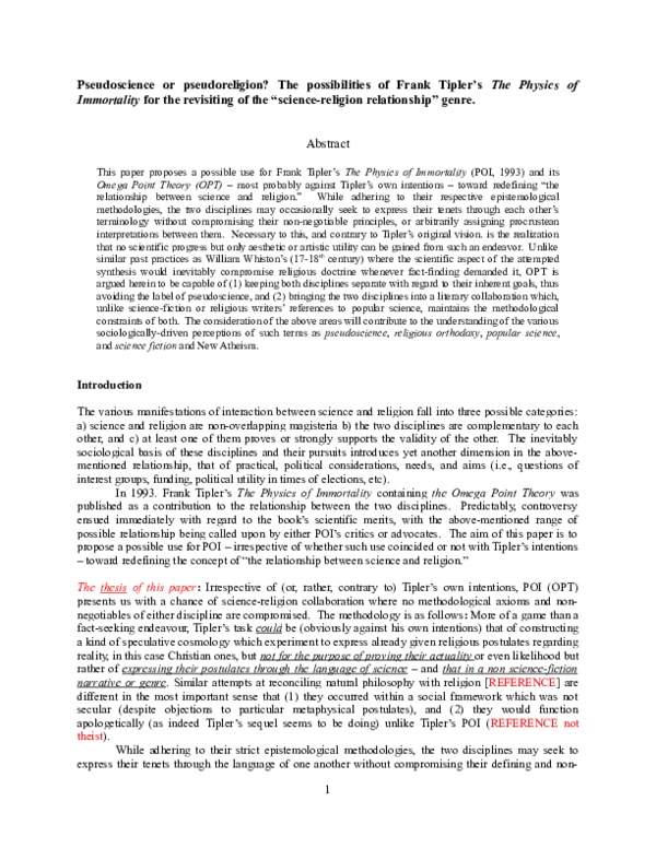 (DOC) Science, Religion, and Frank Tippler's Omega Point Theory