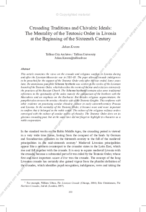 Crusading Traditions and Chivalric Ideals: The Mentality of the Teutonic Order in Livonia at the Beginning of the Sixteenth Century