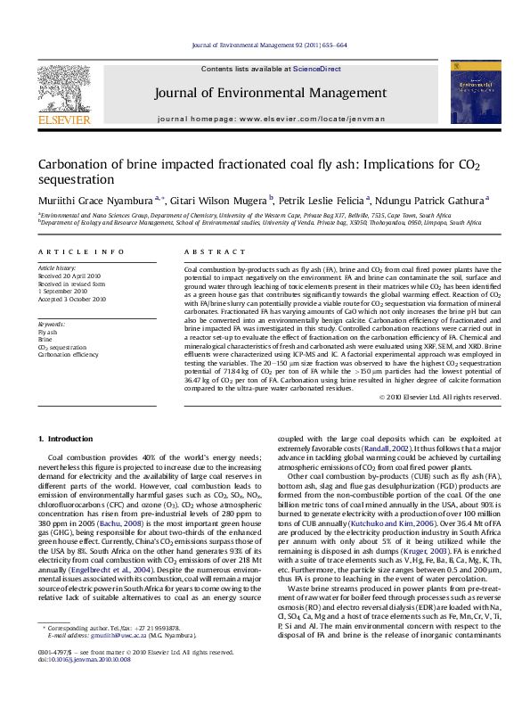 (PDF) Carbonation of brine impacted fractionated coal fly ash ...