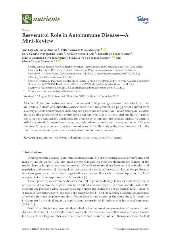 (PDF) Resveratrol Role in Autoimmune Disease—A MiniReview Marta Monteiro, Valter Vinicius
