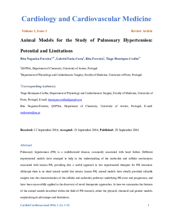 (PDF) Cardiology and Cardiovascular Medicine Animal Models for the