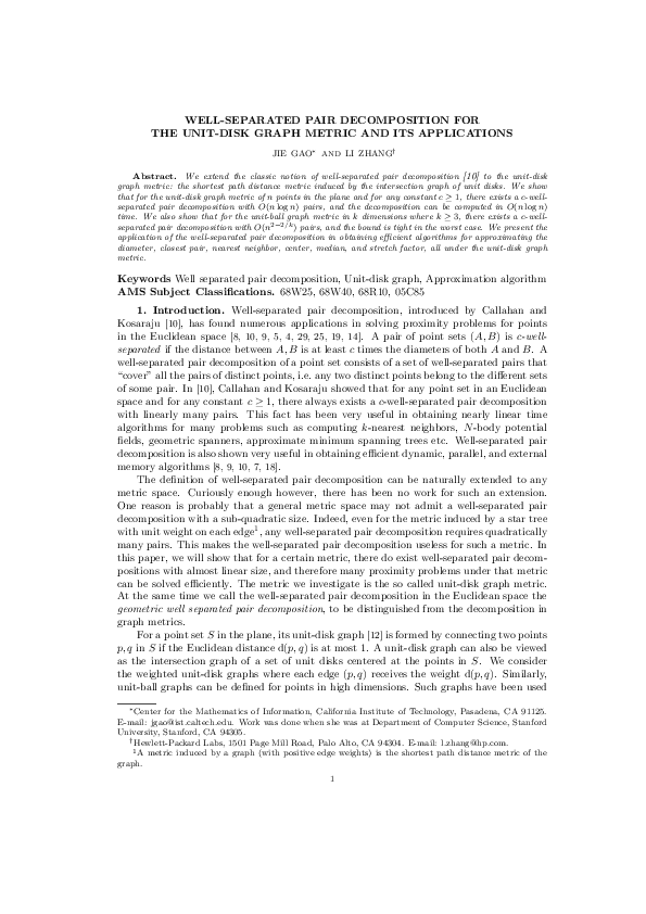 (PDF) Well-Separated Pair Decomposition for the Unit-Disk Graph Metric ...