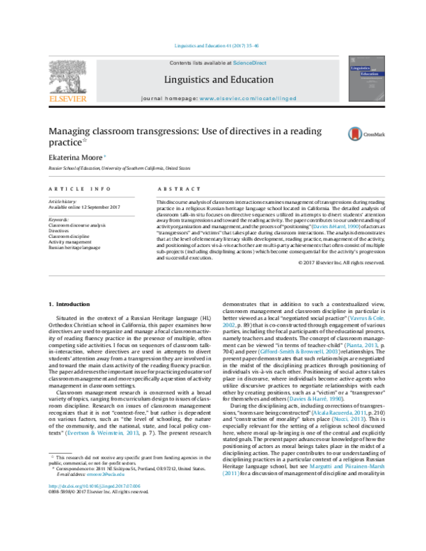 (PDF) Managing classroom transgressions: Use of directives in reading ...