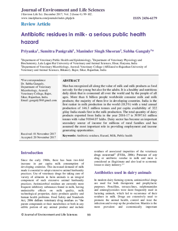 (PDF) Antibiotic residues in milk-a serious public health hazard