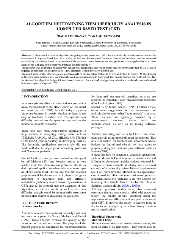 (PDF) ALGORITHM DETERMINING ITEM DIFFICULTY ANALYSIS IN COMPUTER BASED ...