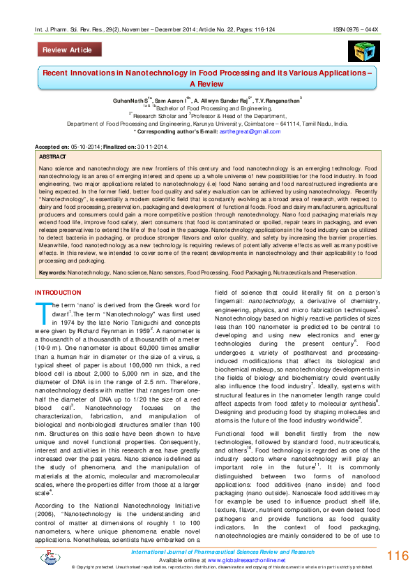 (PDF) Recent Innovations in Nanotechnology in Food Processing and its ...